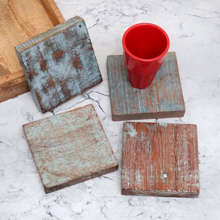 Vintage Style Handmade Wooden Coasters - Pack of 4